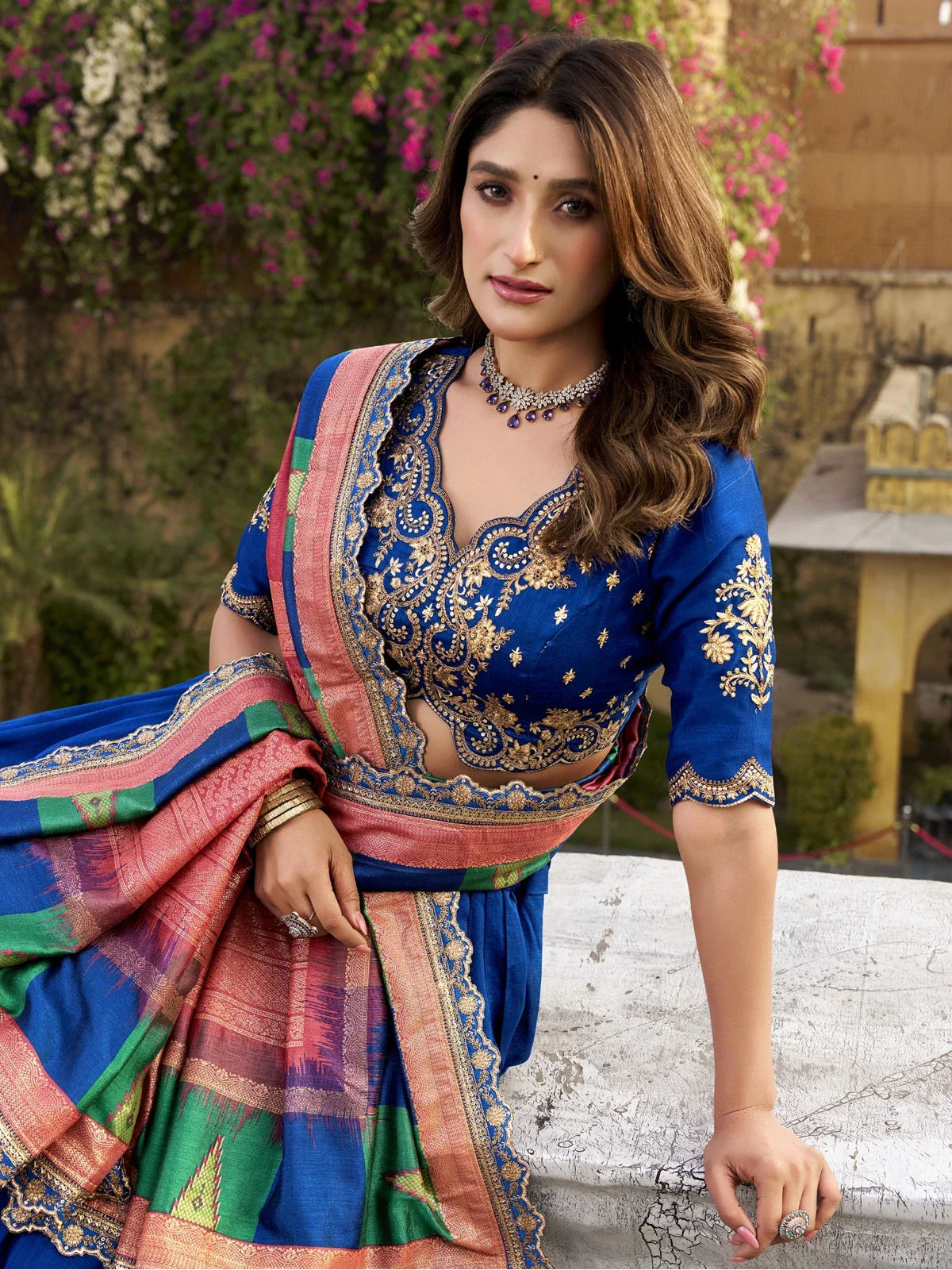 Tarani premium silk lehenga with close-up of blue embroidered blouse and foil print dupatta