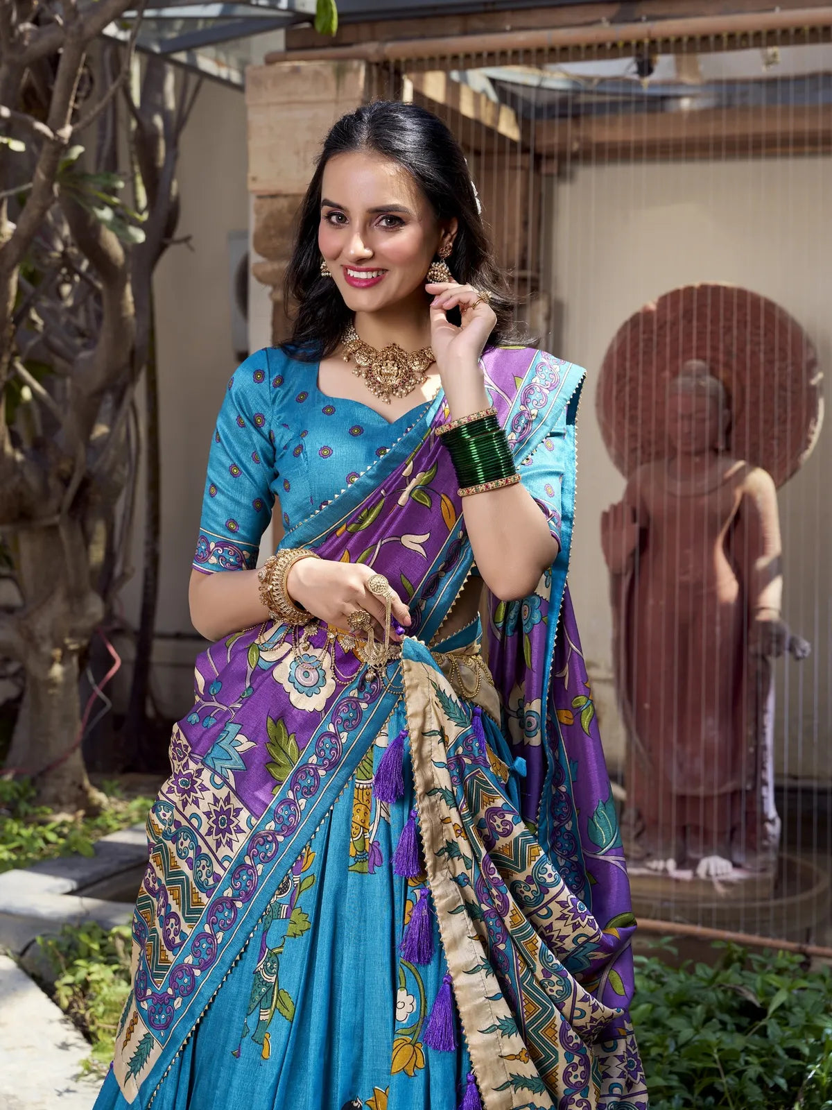 Tarani premium festive lehenga in blue with kalamkari dupatta and matching embroidered blouse