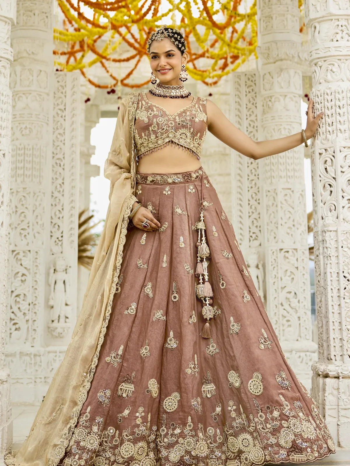 Tarani brown silk lehenga with embroidered blouse and dupatta full front view