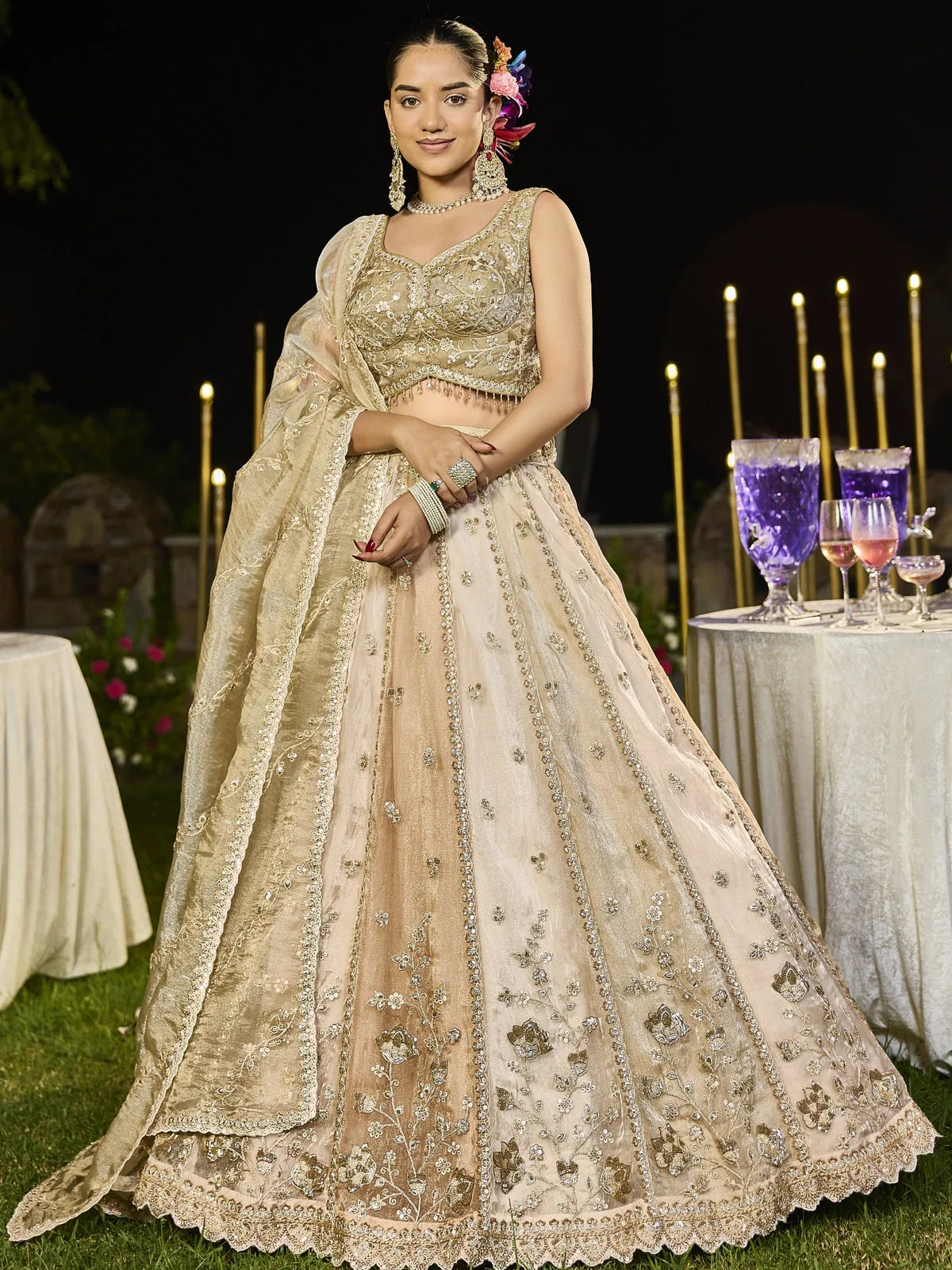 Tarani golden silk lehenga with embroidered blouse and dupatta full view for weddings