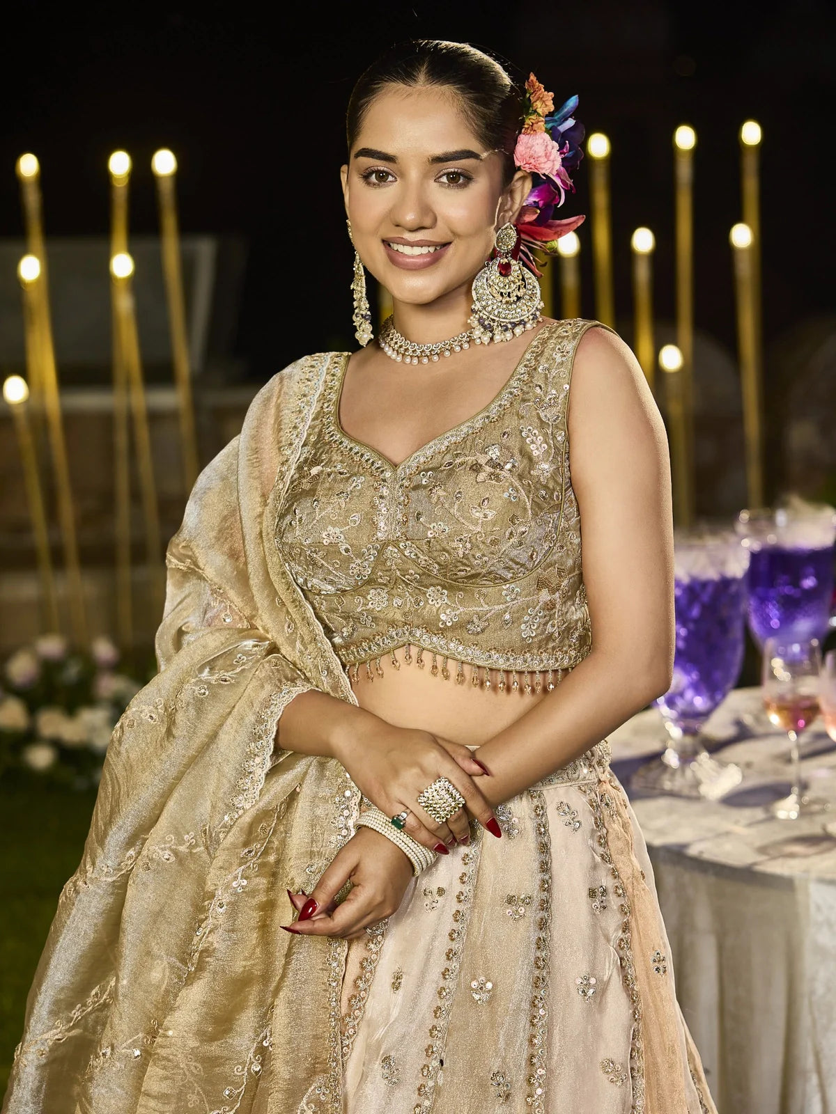 Tarani golden silk lehenga upper body blouse embroidery closeup