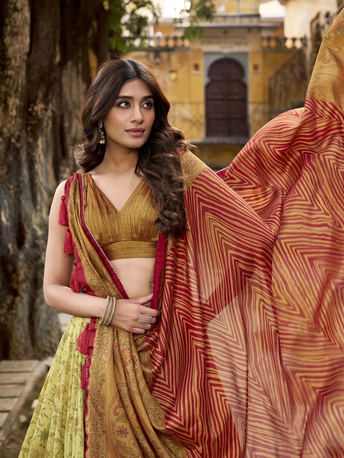 Tarani V-neck blouse with printed silk dupatta in rich mustard and maroon contrast closeup