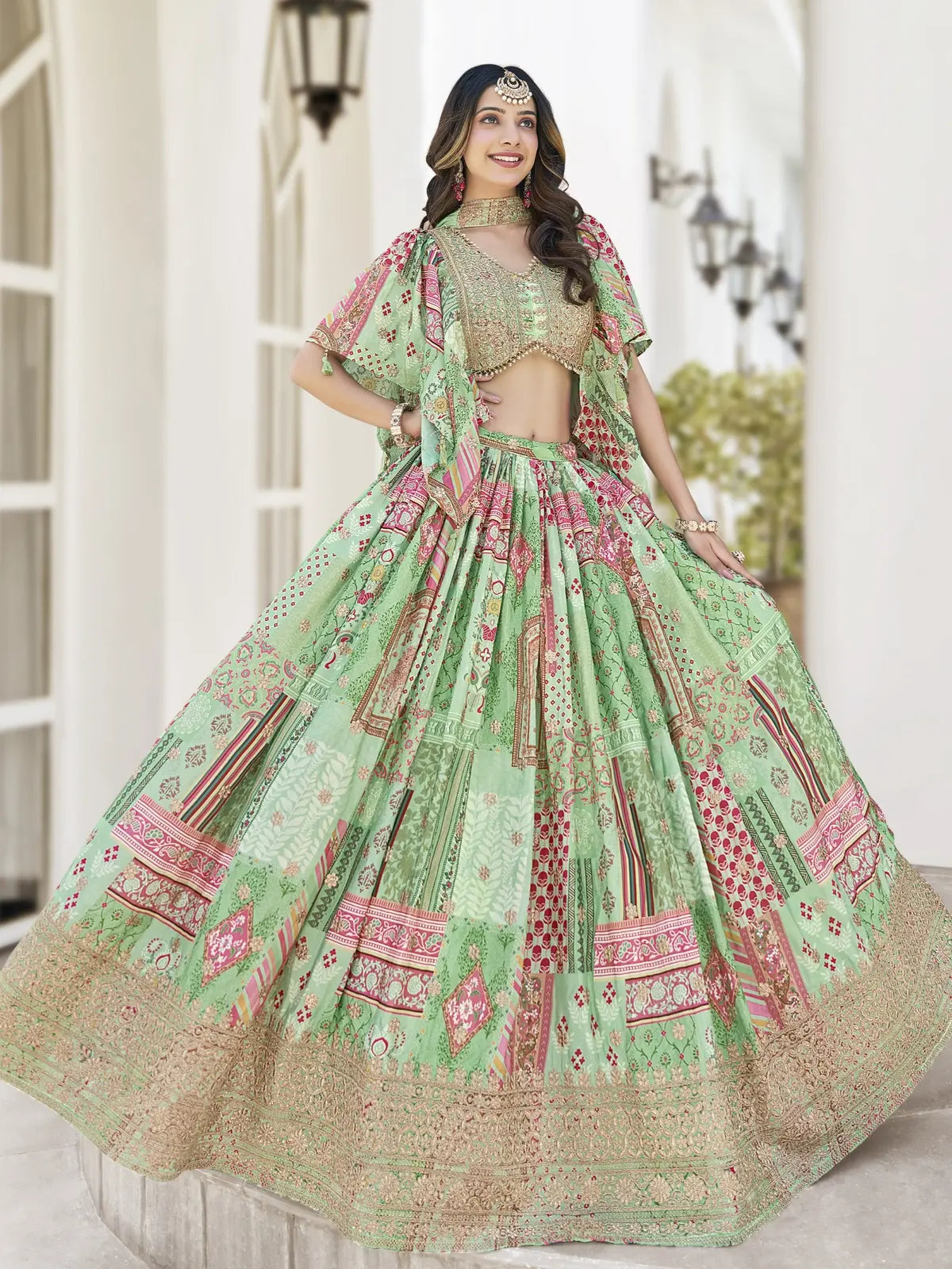 Tarani green silk lehenga with dori embroidery and chiffon dupatta full view front pose