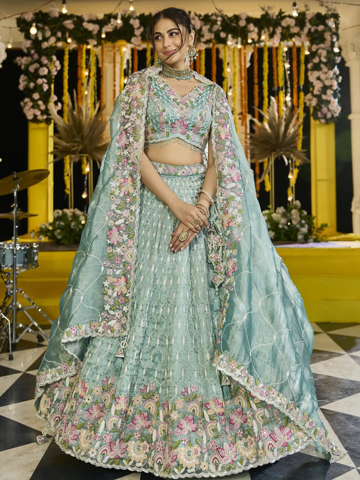 Tarani premium green satin silk lehenga with full embroidery and blouse for weddings