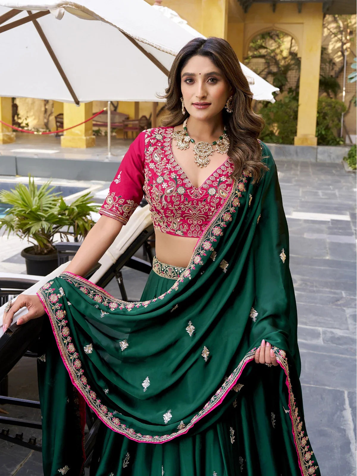 Tarani upper body view of green lehenga with detailed embroidery and designer blouse