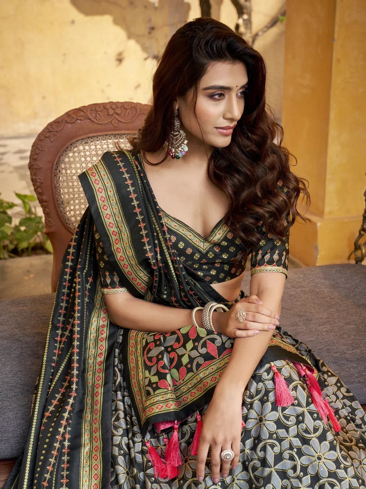 Tarani green blouse with V neckline and intricate sparkle work in upper body view