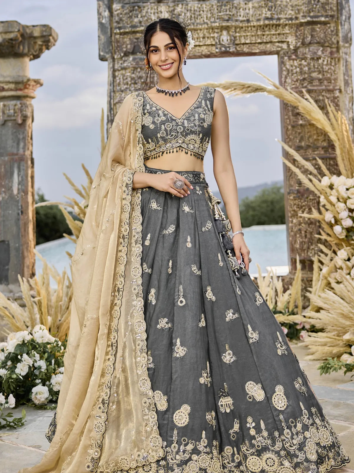 Tarani premium grey silk lehenga with golden embroidery full view