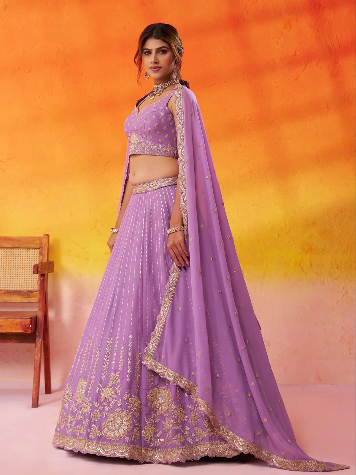 Tarani mauve silk lehenga side profile showing elegant flow and dupatta styling