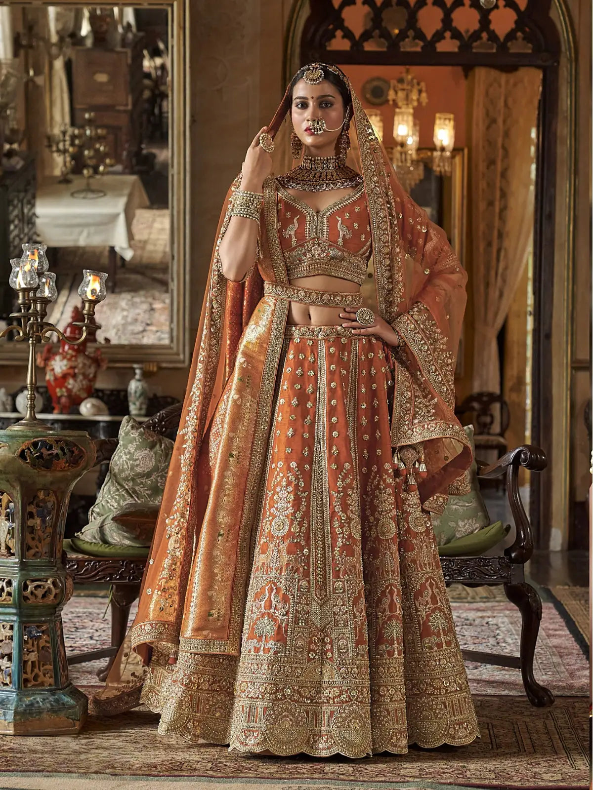 Tarani bridal orange silk lehenga full view with embroidery and zari work