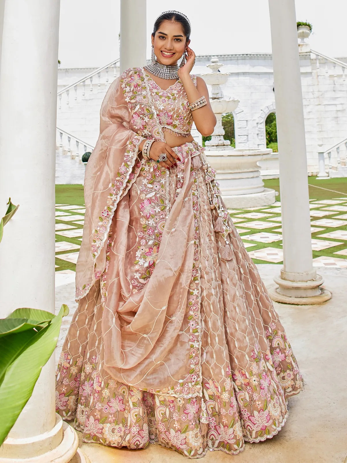 Tarani premium peach satin silk lehenga full view with embroidery and dupatta