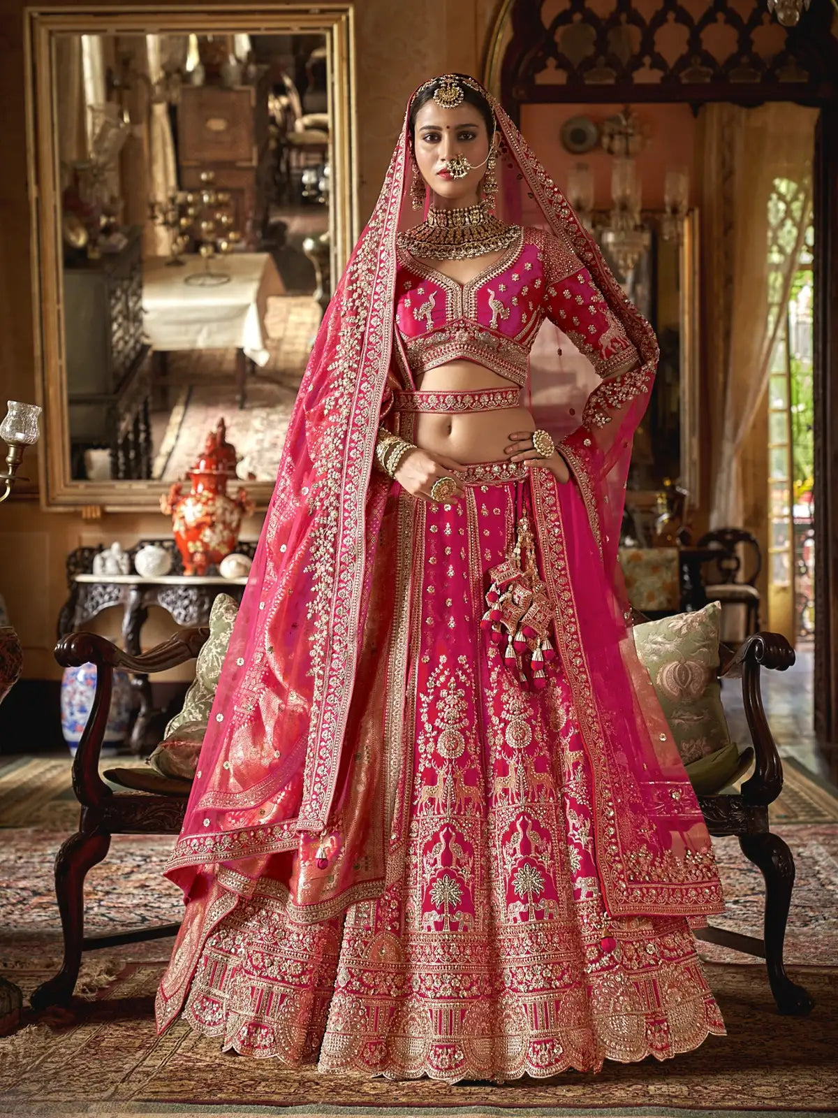 Tarani premium pink silk bridal lehenga with embroidery and double dupatta full view