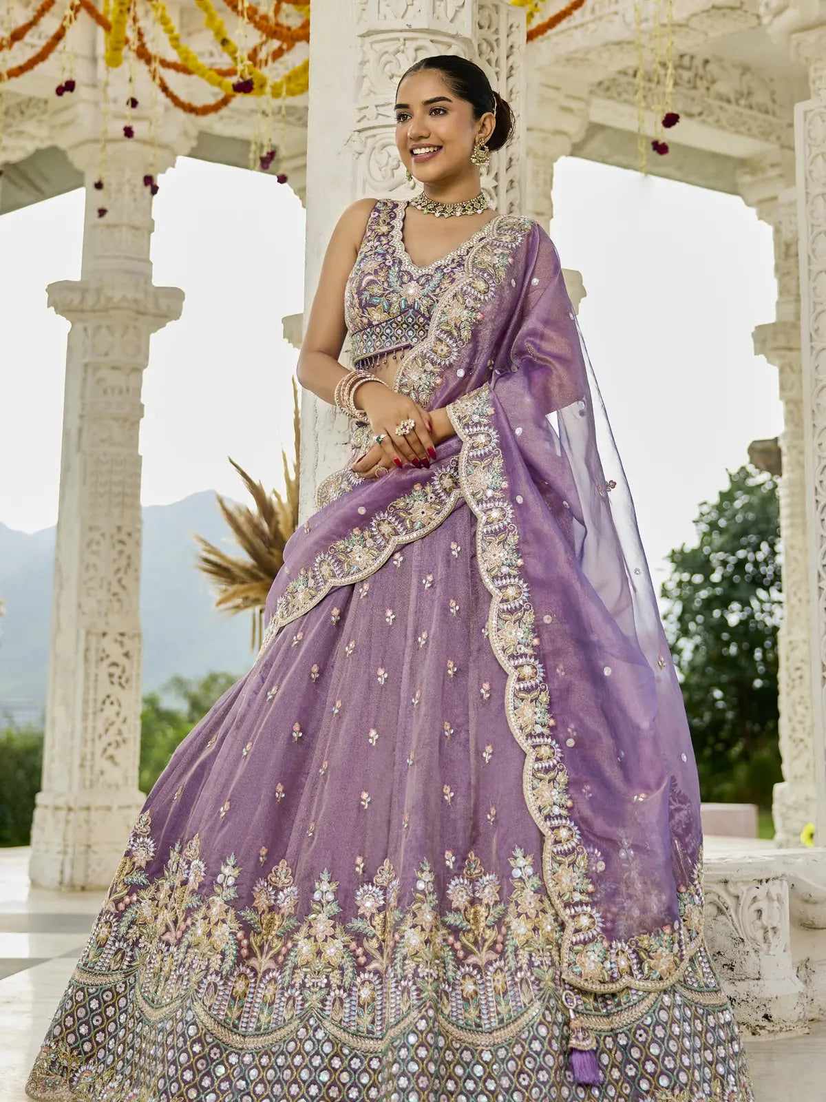 Tarani purple satin silk lehenga full view with embroidery and dupatta