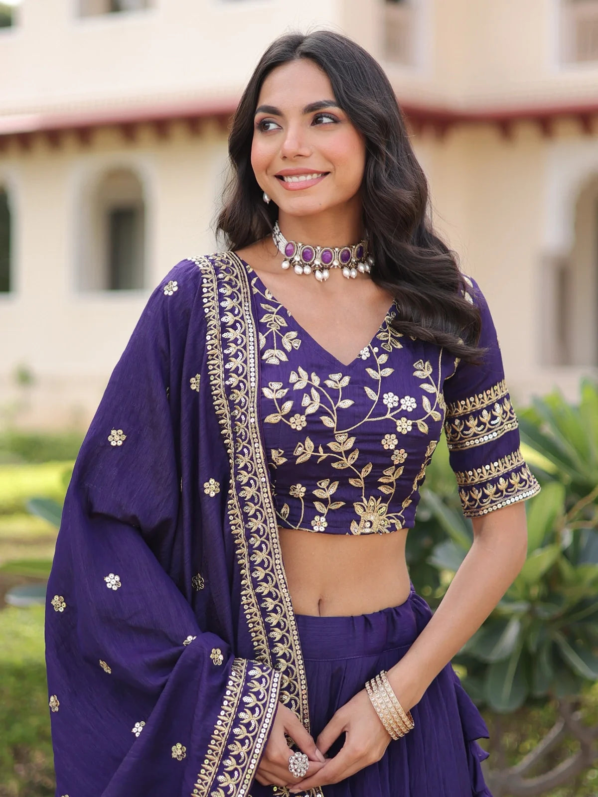 Tarani purple lehenga side view with floral zari embroidery and designer dupatta