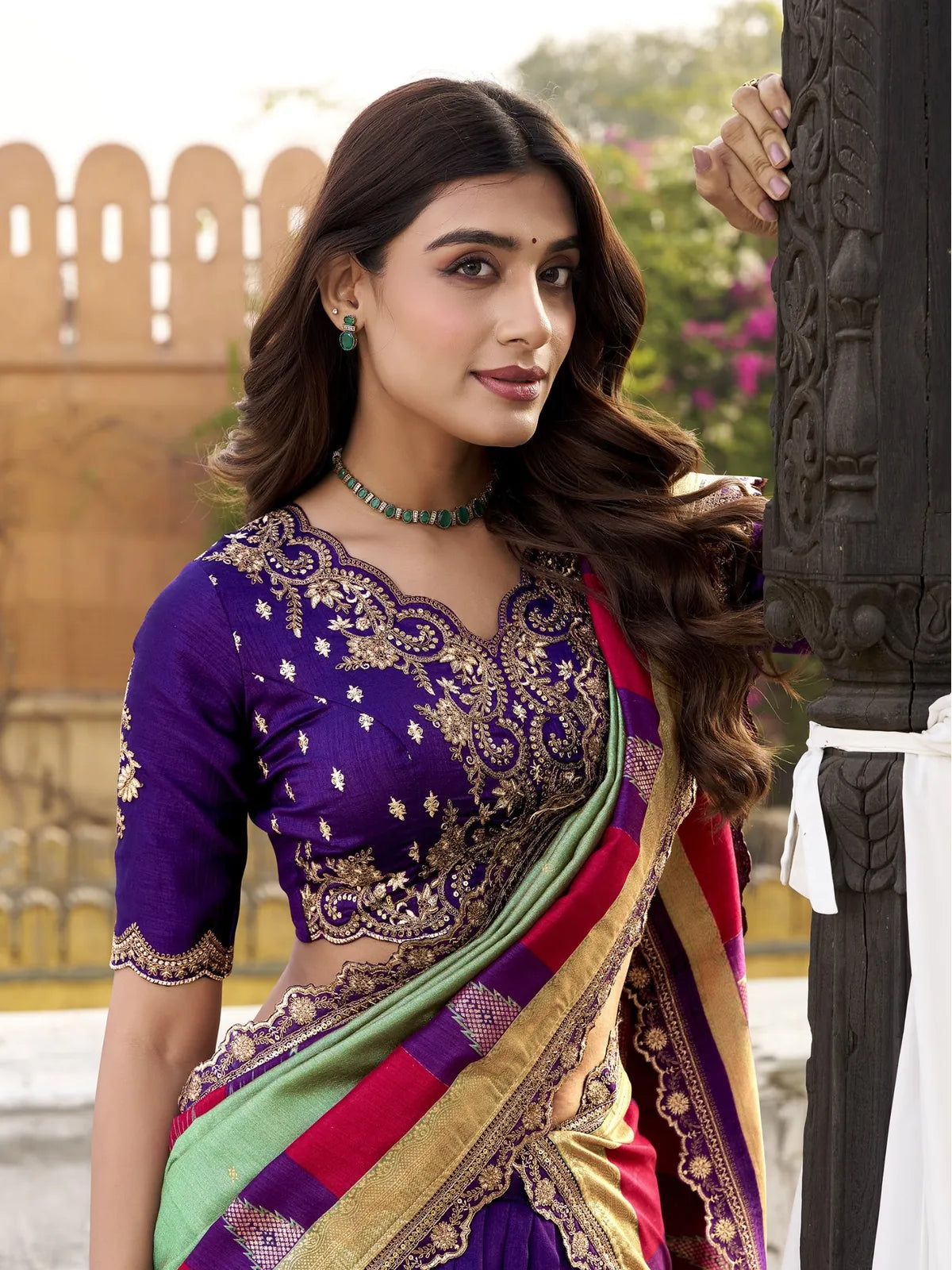 Tarani embroidered purple blouse closeup from lehenga set with elegant neckline and sleeve detailing