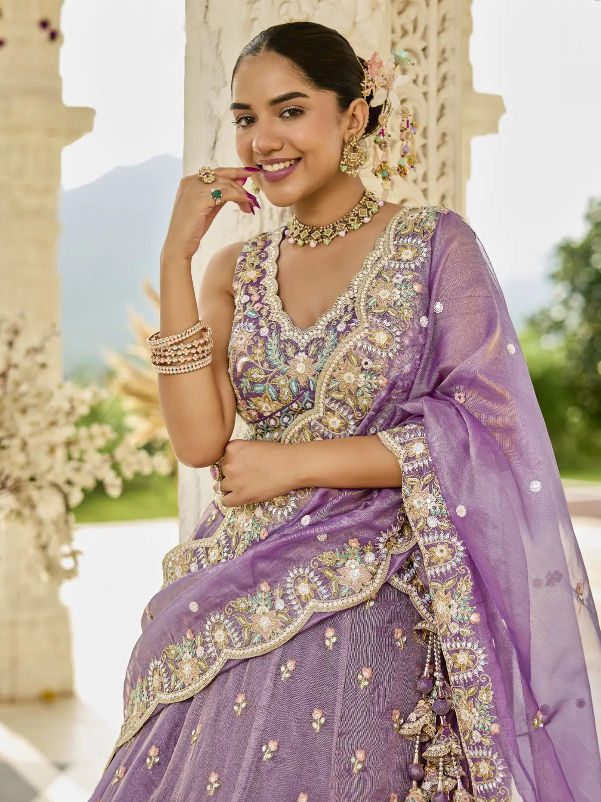 Tarani purple satin silk lehenga upper body view showing blouse and dupatta