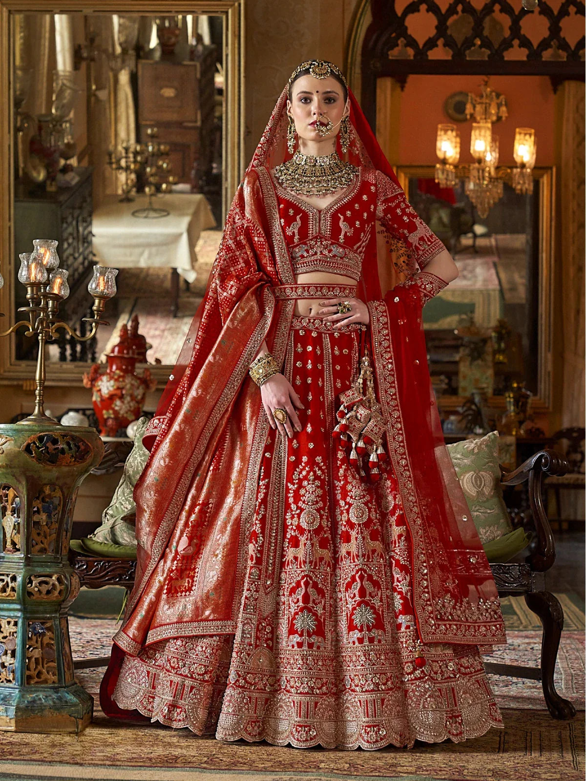 Tarani premium red silk bridal lehenga with embroidery and double dupatta front full view