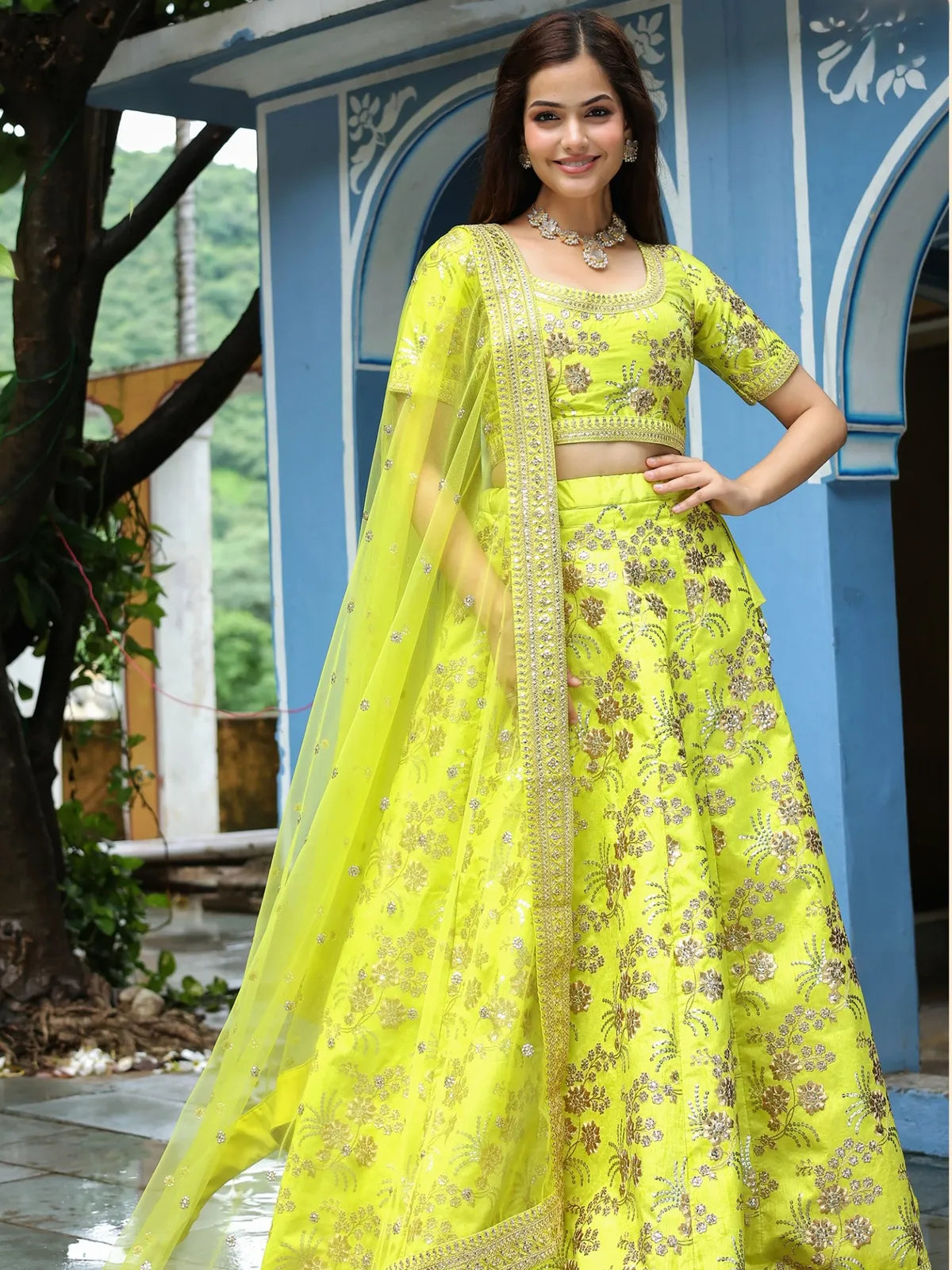 Tarani yellow silk lehenga with sequins and thread embroidery full view