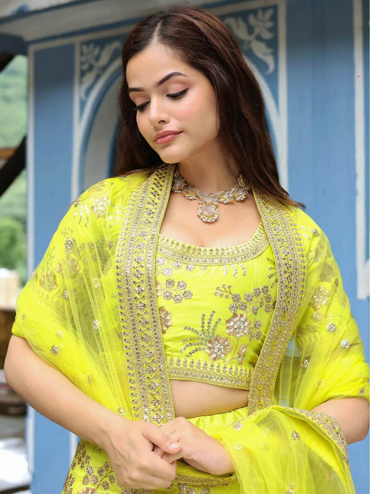 Tarani yellow silk lehenga with sequins embroidery upper body view