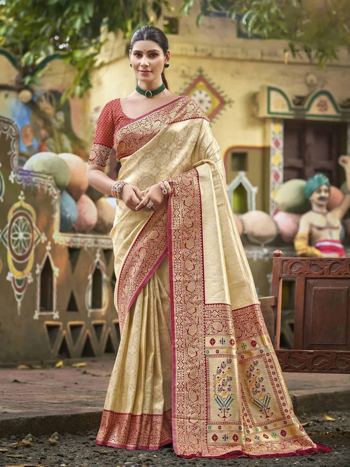 Tarani premium beige Kanjivaram silk saree full view with woven design and blouse piece
