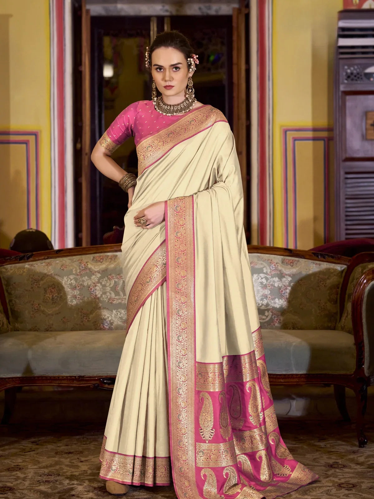 Tarani beige soft silk saree with pink border full view for festive and wedding wear
