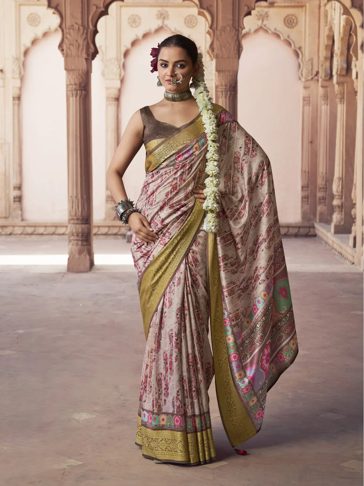 Tarani premium beige silk saree full view with floral digital print and viscose border