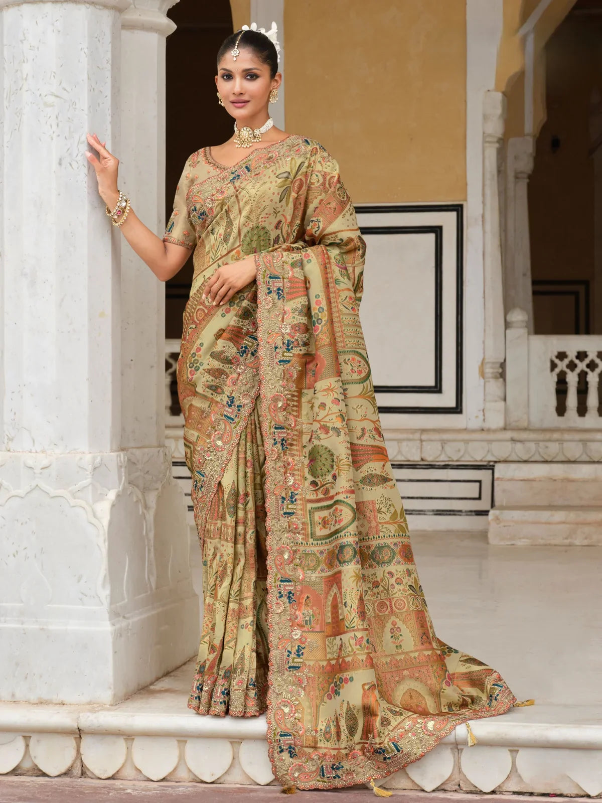 Tarani premium beige designer silk saree with rich embroidery and zari border for wedding and festive wear