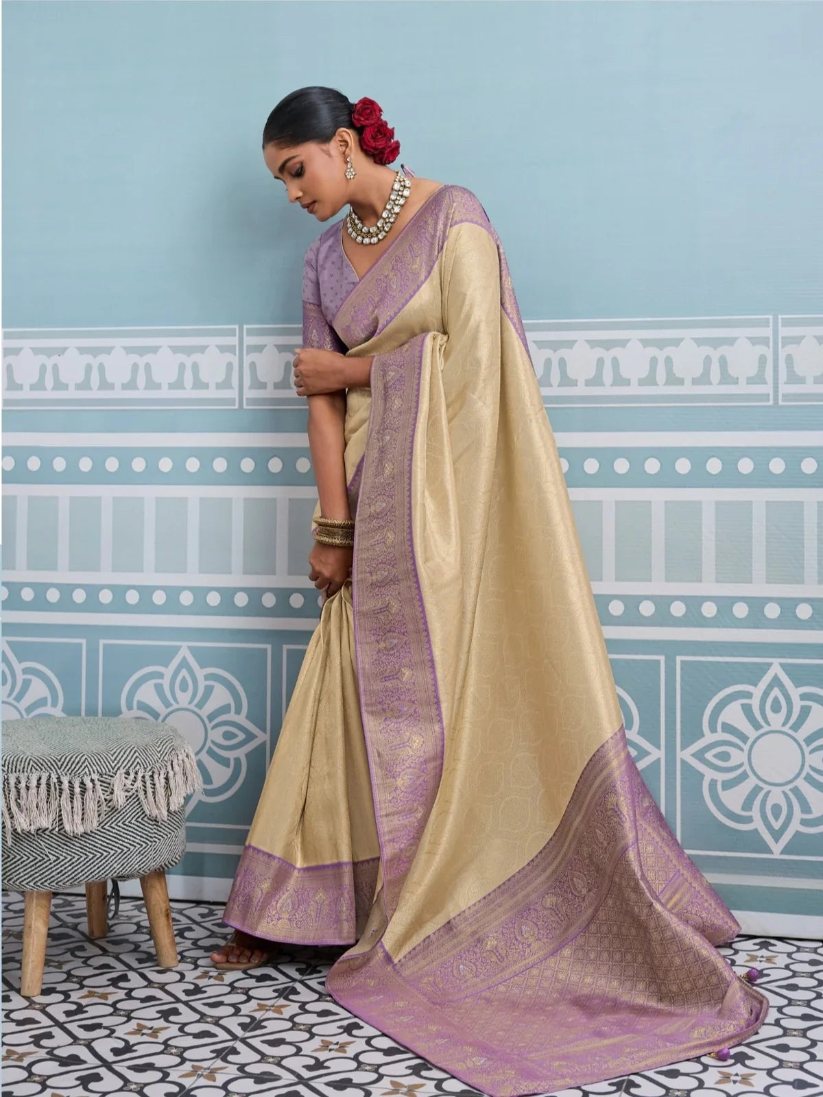 Tarani beige silk saree with lilac border and rich zari pallu full view