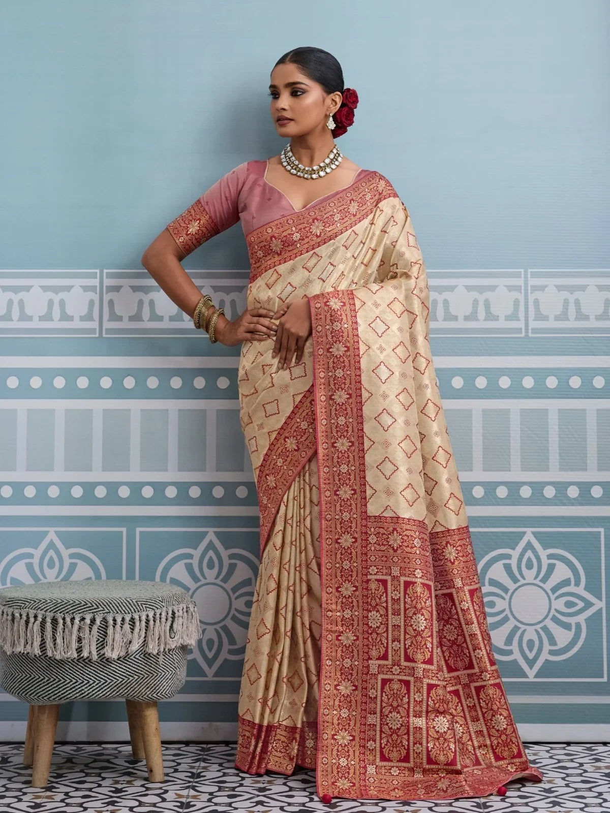 Tarani beige silk saree full view with zari work and meenakari border perfect for wedding wear