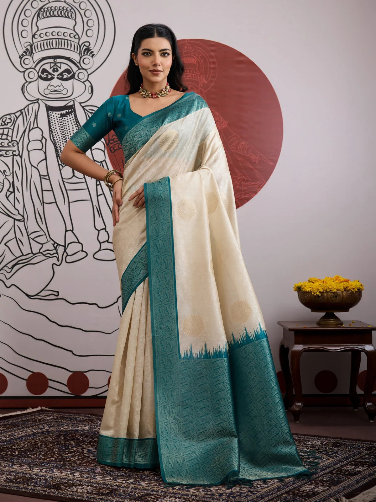 Tarani beige handloom silk saree with blue border in full view worn for festive or casual wear