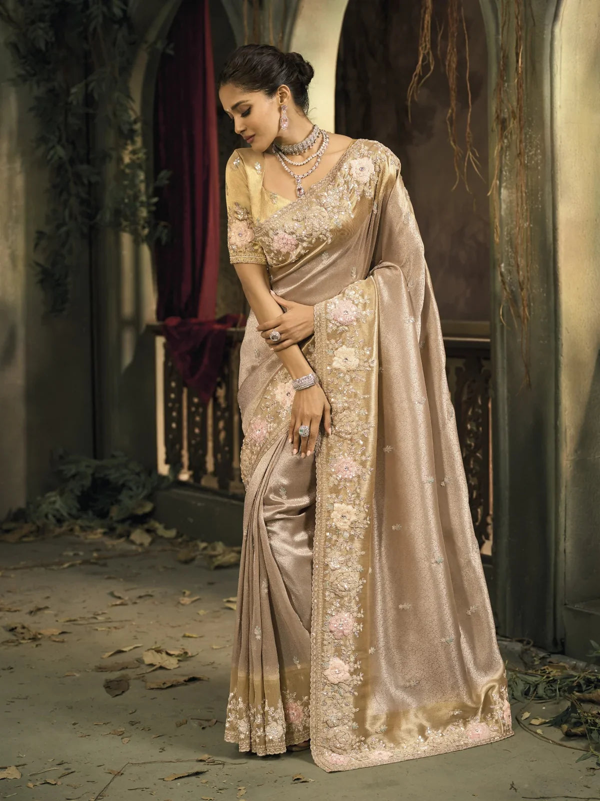 Tarani beige Zarif silk saree with pastel moti embroidery and rich floral border in full view