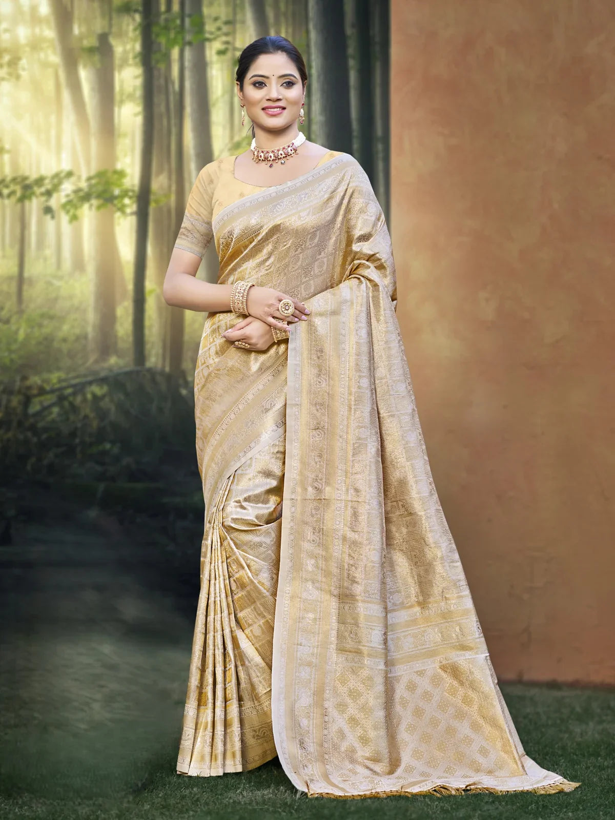 Tarani beige kanjivaram silk saree full view for festive wear