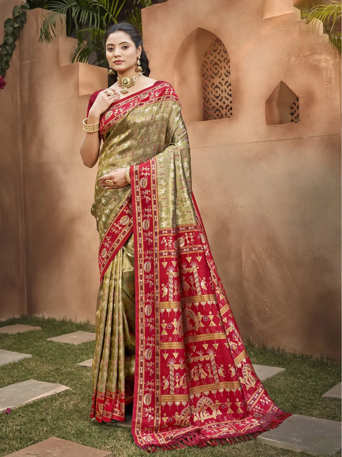 Tarani premium beige Kanjivaram silk saree with red border full view for festive occasions