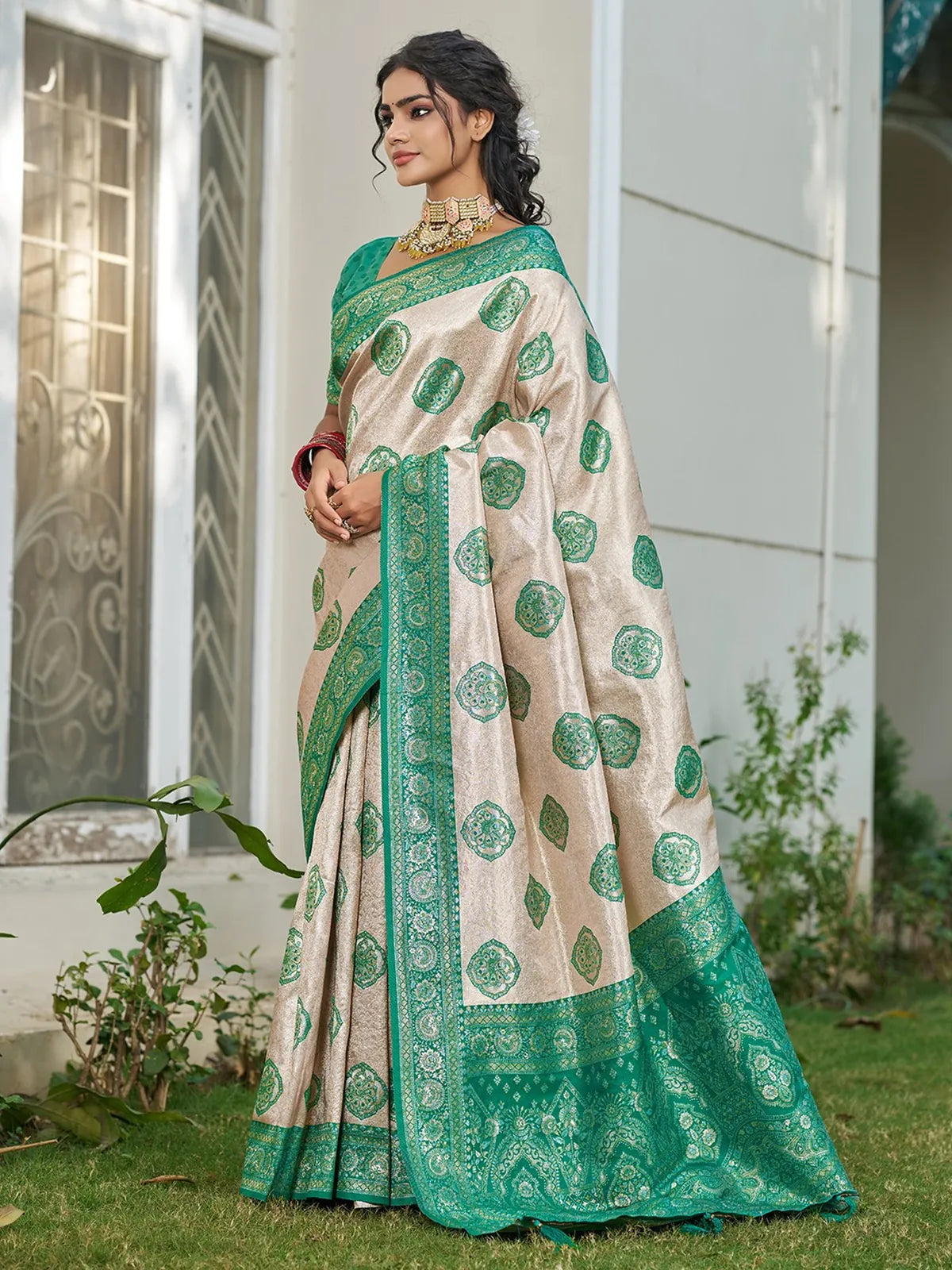 Tarani Pushpita Silk Blend Saree elegant side view with woven motifs and festive drape