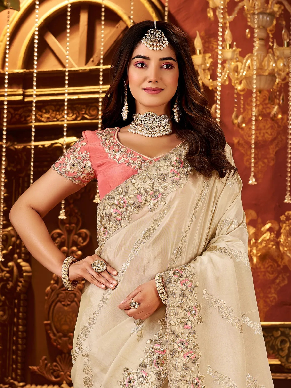 Tarani upper body close-up of beige silk saree with embroidered border and jewellery styling