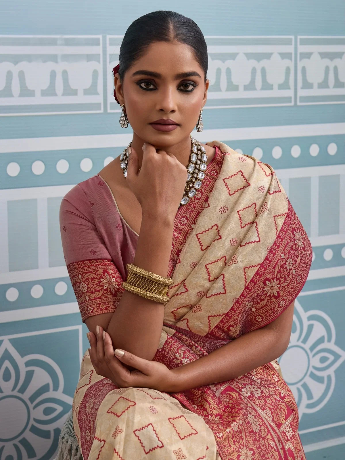 Tarani beige silk saree upper body view with self woven blouse and meenakari pattu sleeves