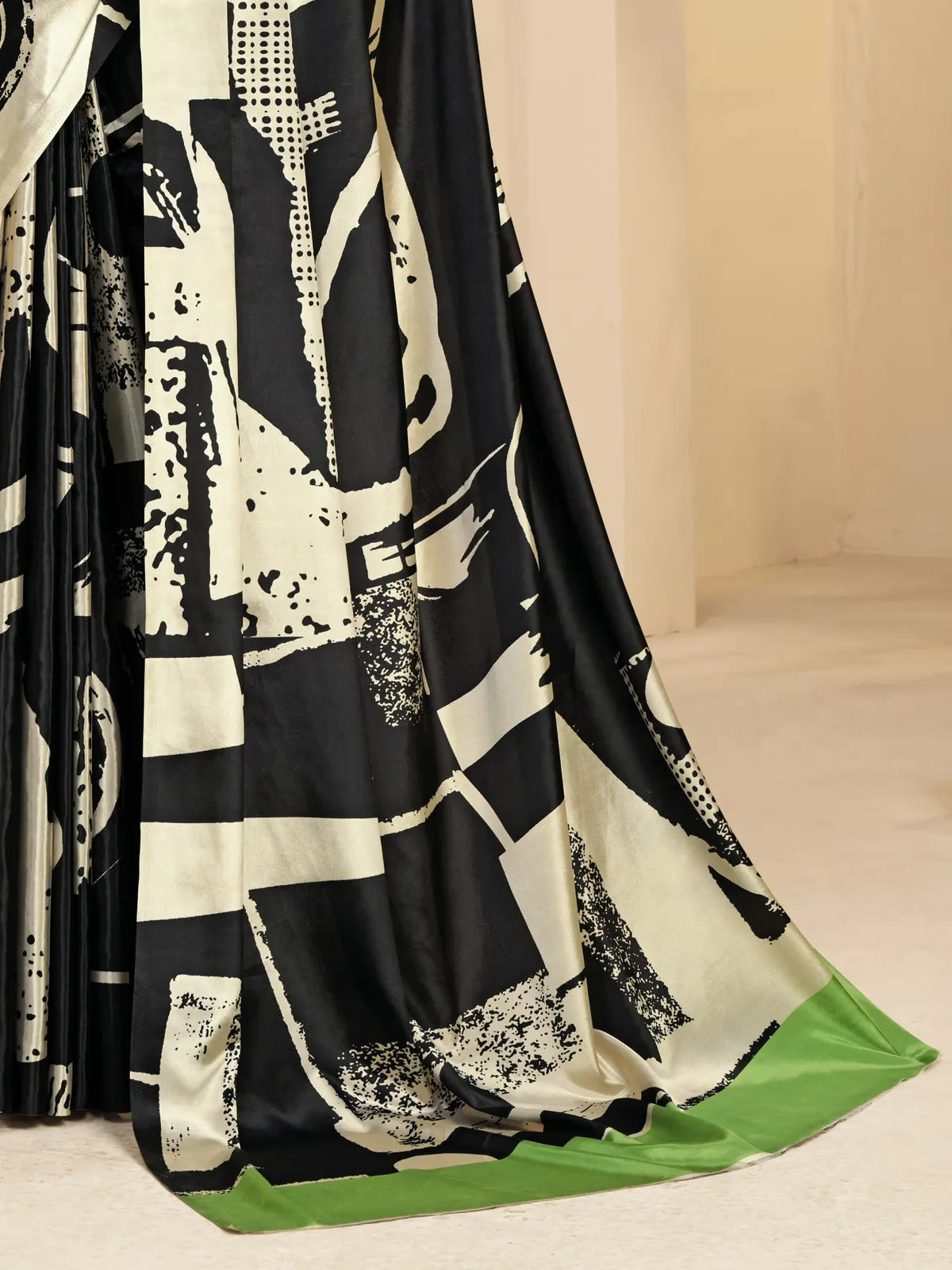 Tarani malai crape soft silk black saree closeup of modern digital print