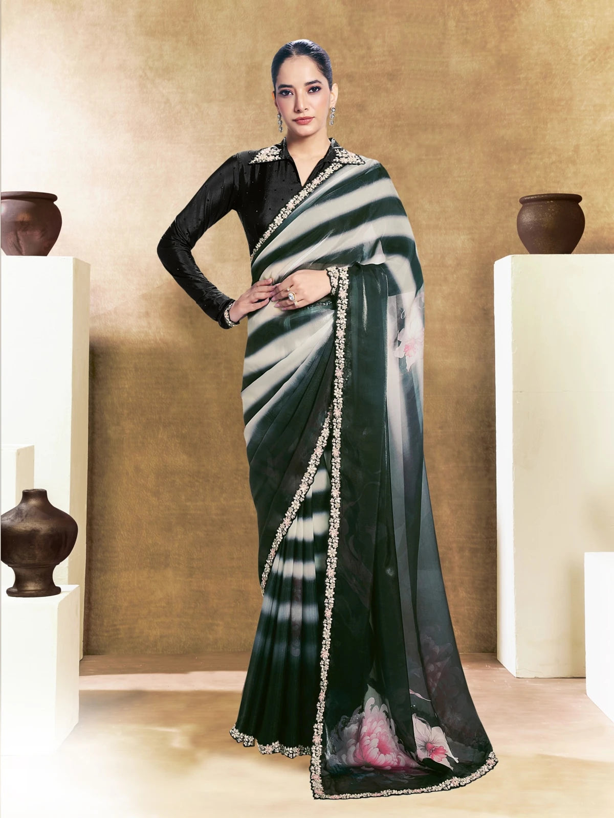 Tarani Anisha black two tone satin silk saree with embroidery stone handwork full view