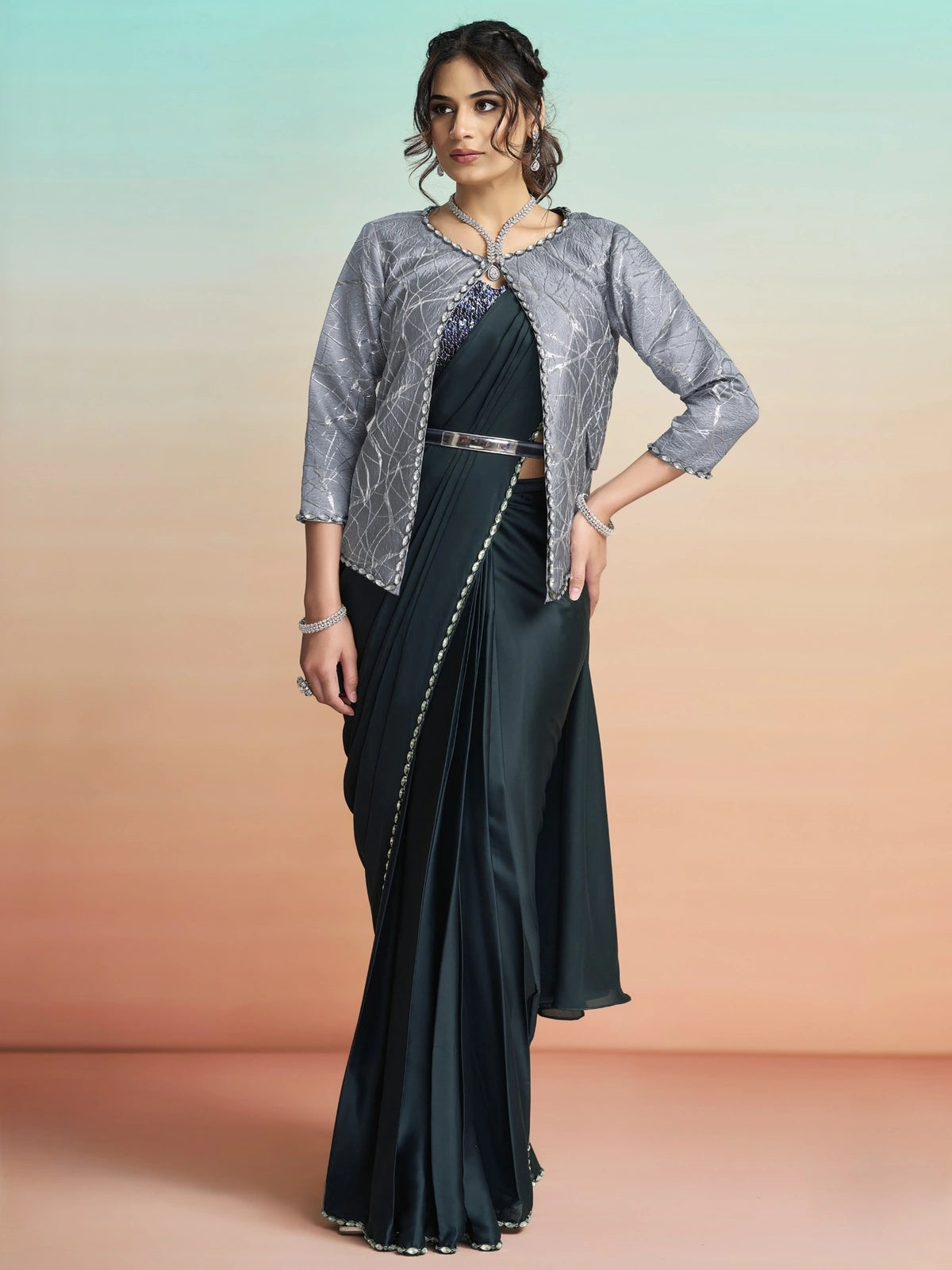Tarani Prajakta black satin silk ready to wear saree full view with stone sequin work