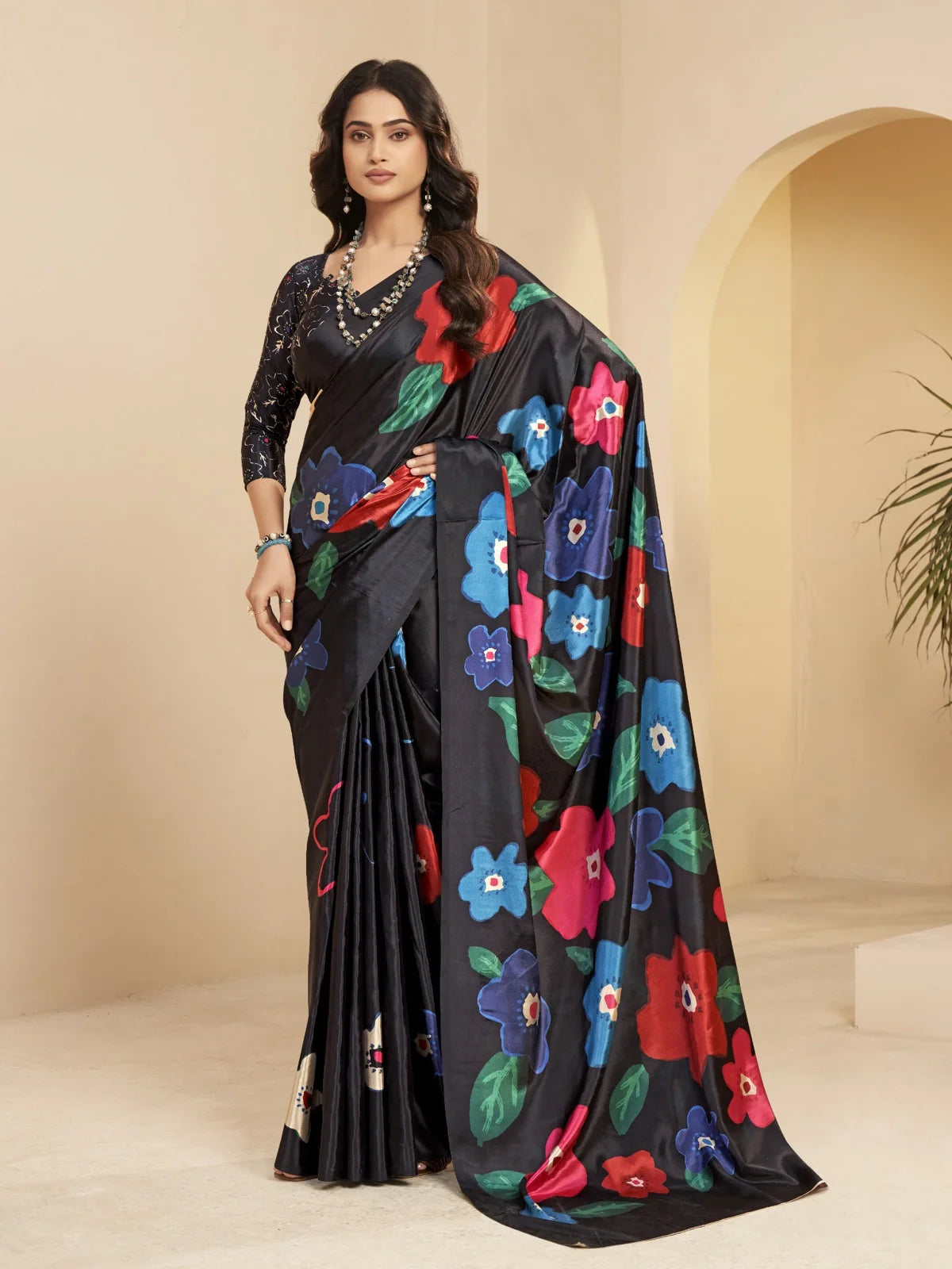 Tarani black silk saree with multicolor floral prints full view for parties