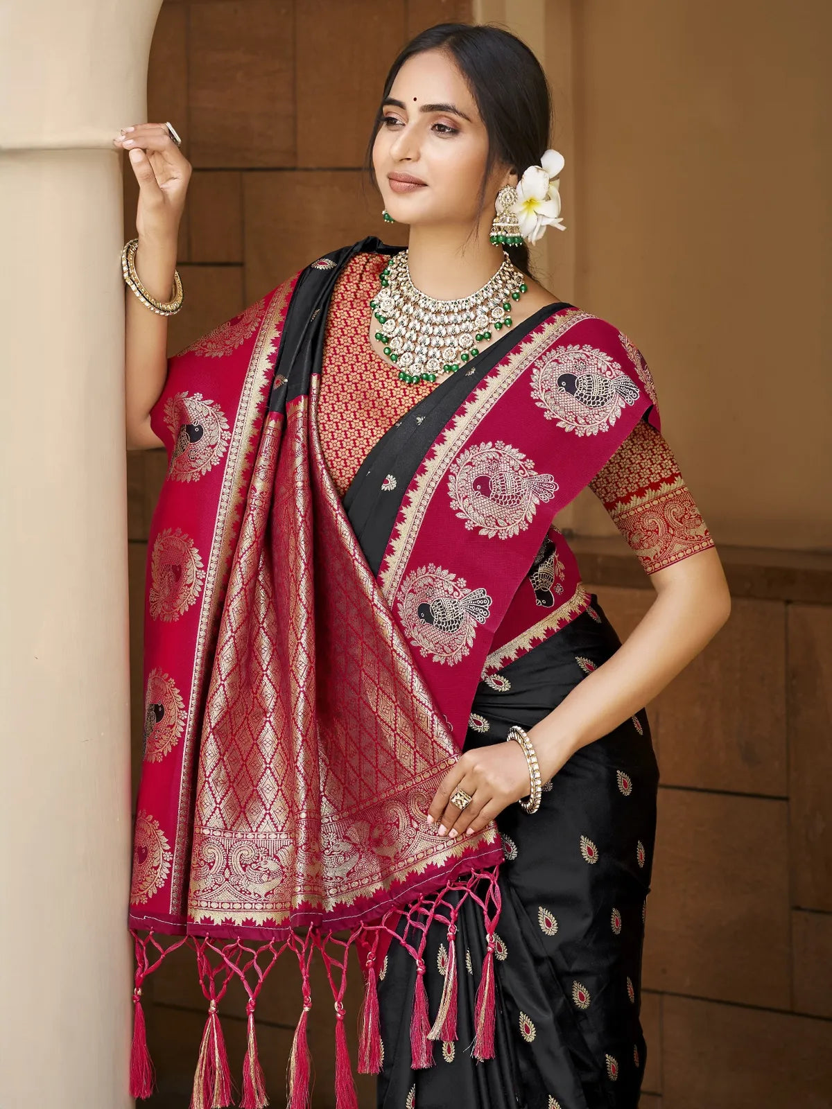 Tarani black silk saree upper body view with zari woven pallu and blouse detailing
