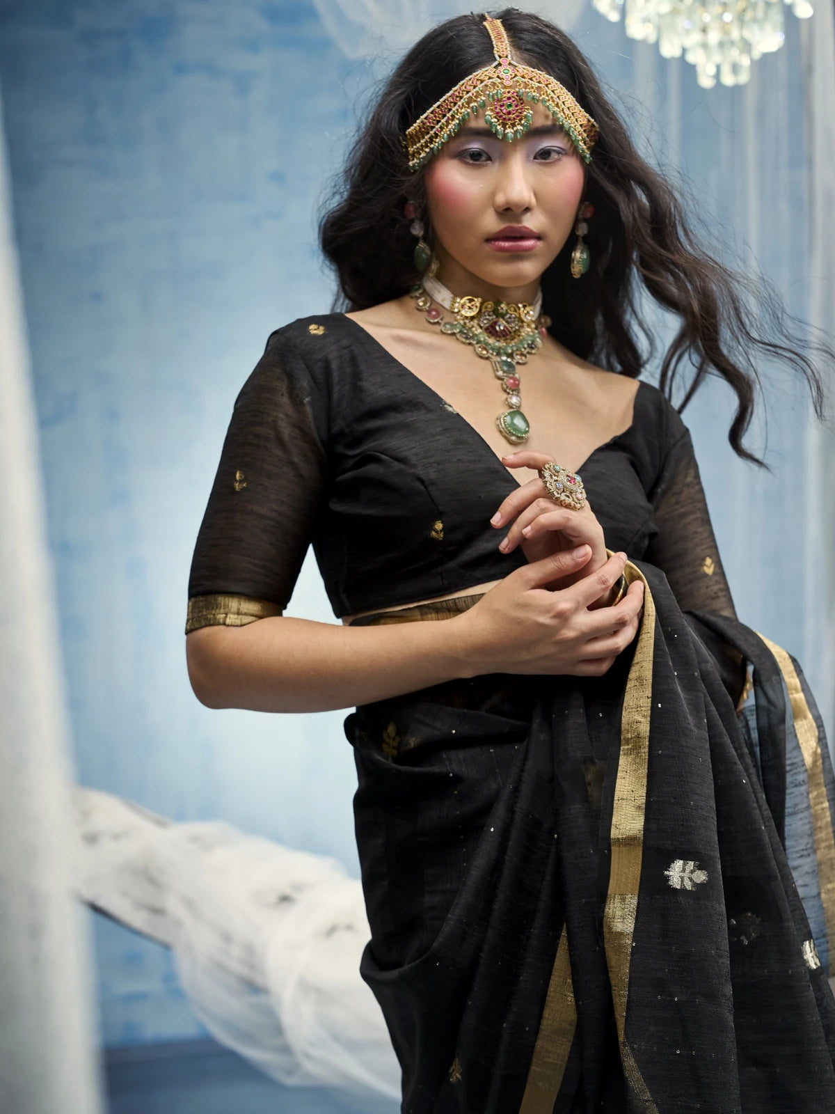 Tarani black Pure Munga Silk Handloom saree upper-body-view with organza pallu and woven border