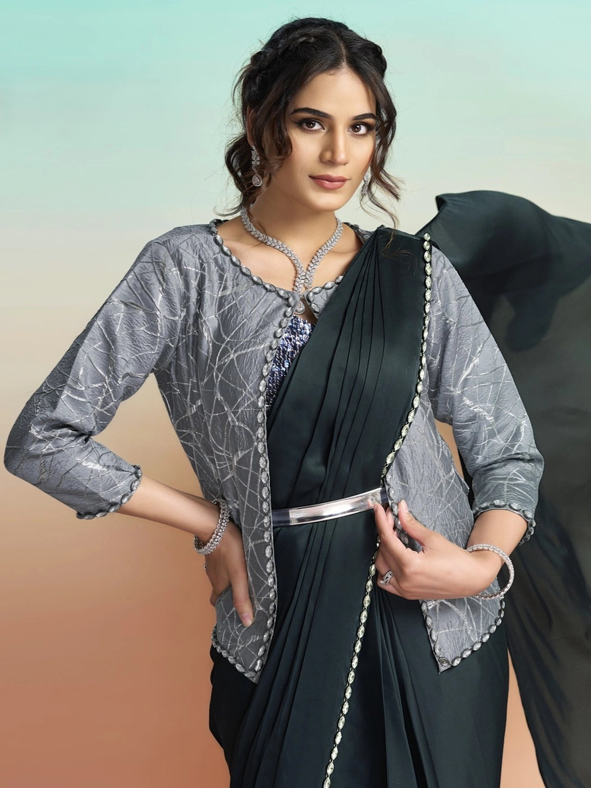 Tarani Prajakta black satin silk ready to wear saree upper body view with grey jacket