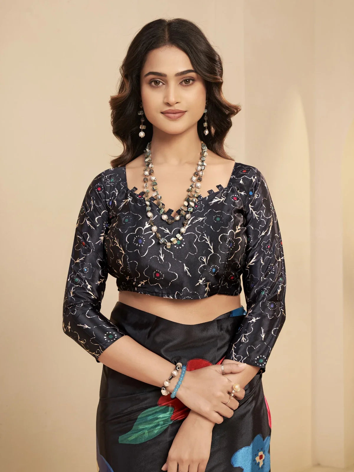 Tarani designer black floral digital print saree upper body with silk blouse