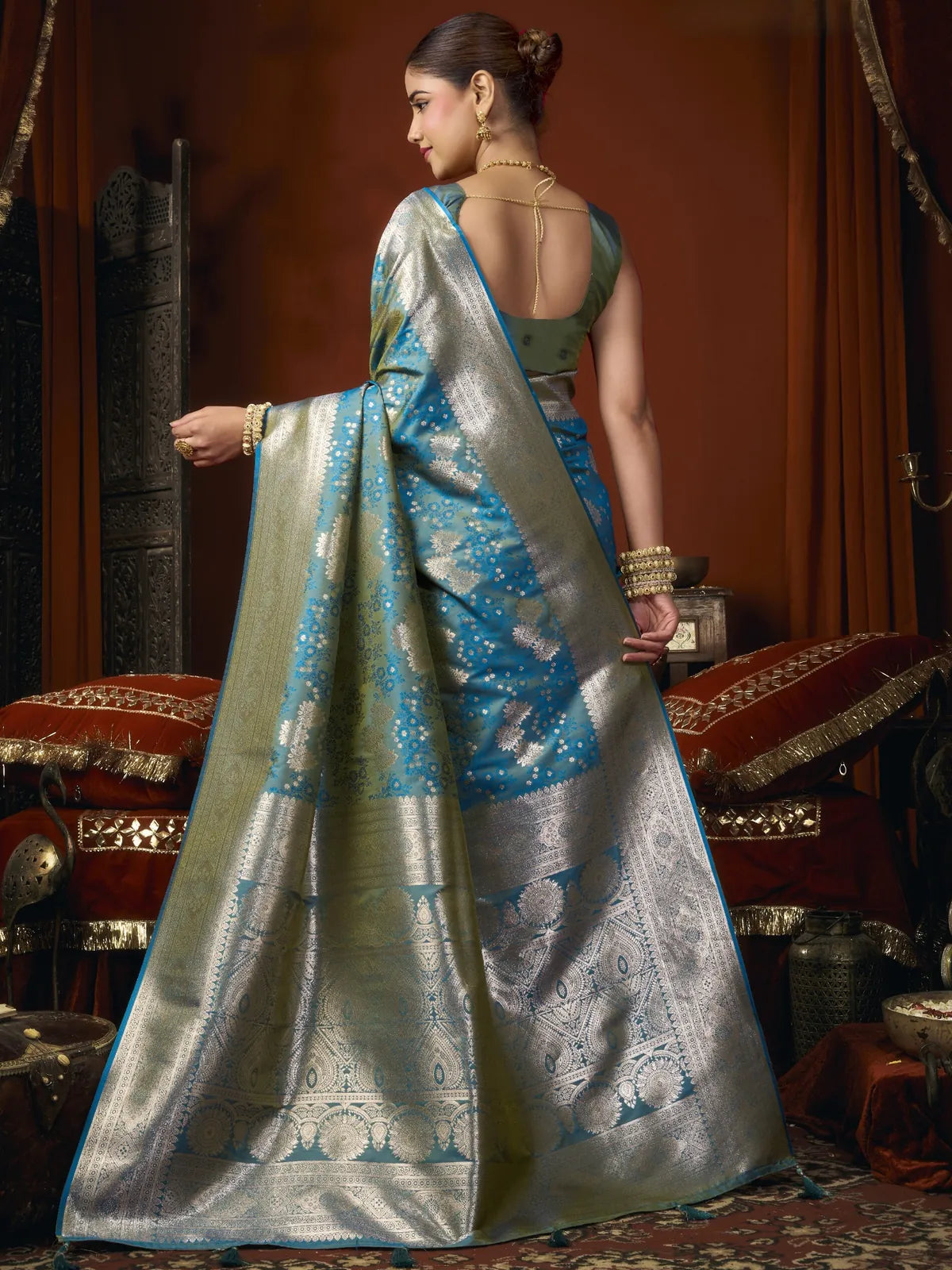 Tarani blue Premium Self Jacquard Soft Silk saree back view showcasing pallu and blouse