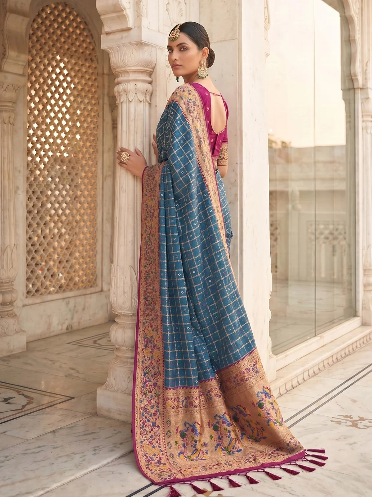 Tarani Archana blue Banarasi silk saree back view highlighting pallu and border