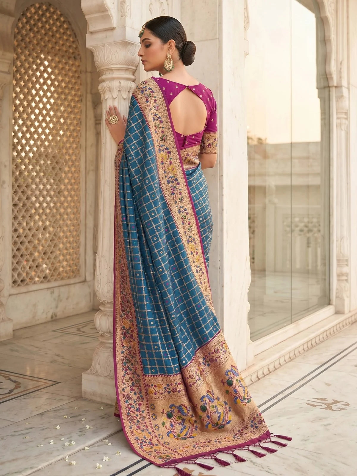 Tarani Arunika green Banarasi silk saree back view with designer blouse pattern