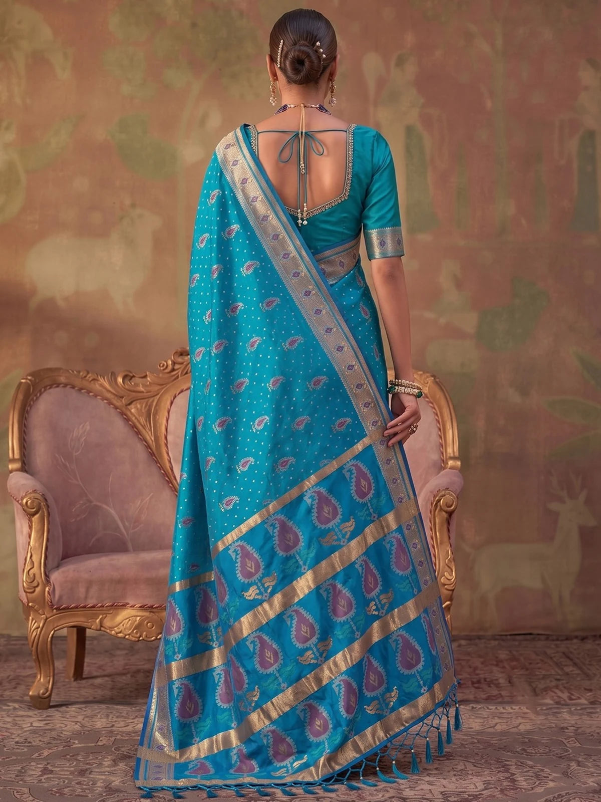 Tarani blue silk saree with zari weaving back view showing blouse design