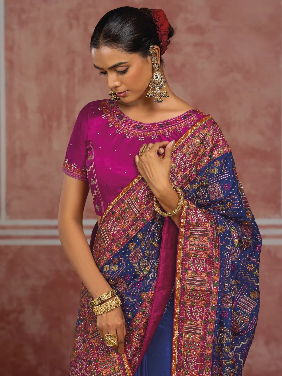 Tarani royal blue SHANA silk saree closeup of mirror work and border