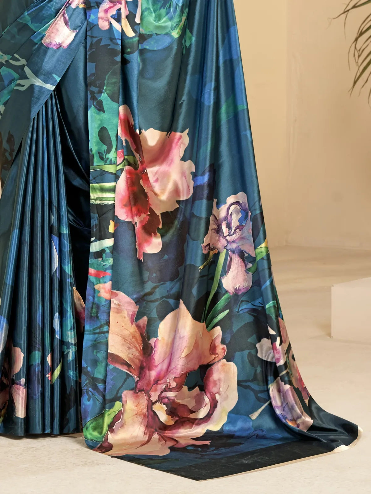 Tarani closeup of floral digital print on blue soft silk saree with fine texture