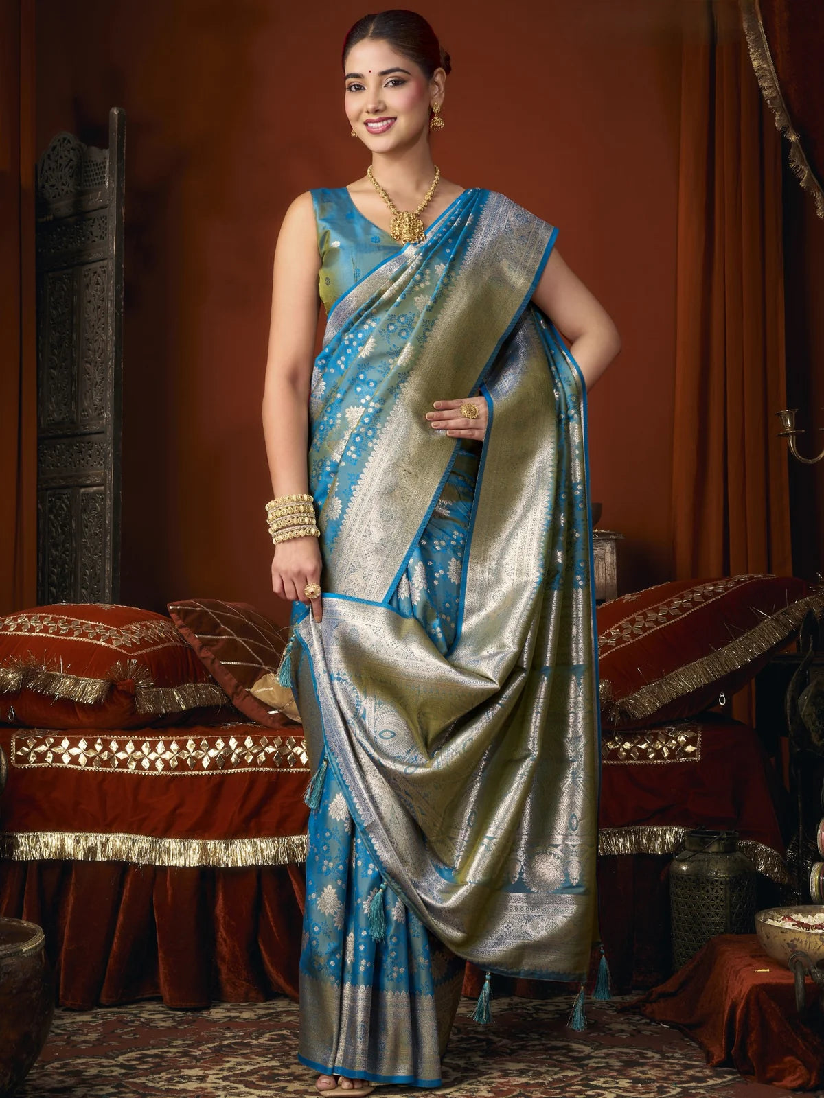 Tarani blue Premium Self Jacquard Soft Silk saree front pose with rich woven detailing